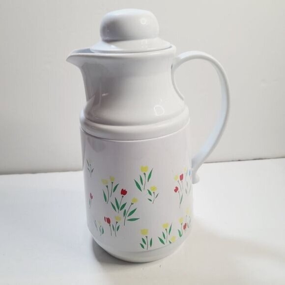 Vintage 80s Phoenix Insulated Thermal Carafate White Floral Tulip with Lid - Picture 5 of 13